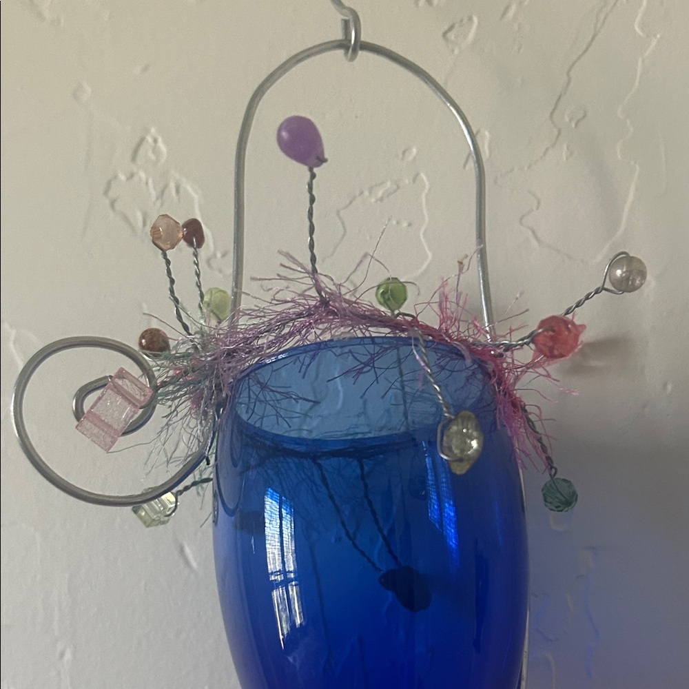 Blue Hanging Glass Vases with Wire Accents - Picture 3 of 5